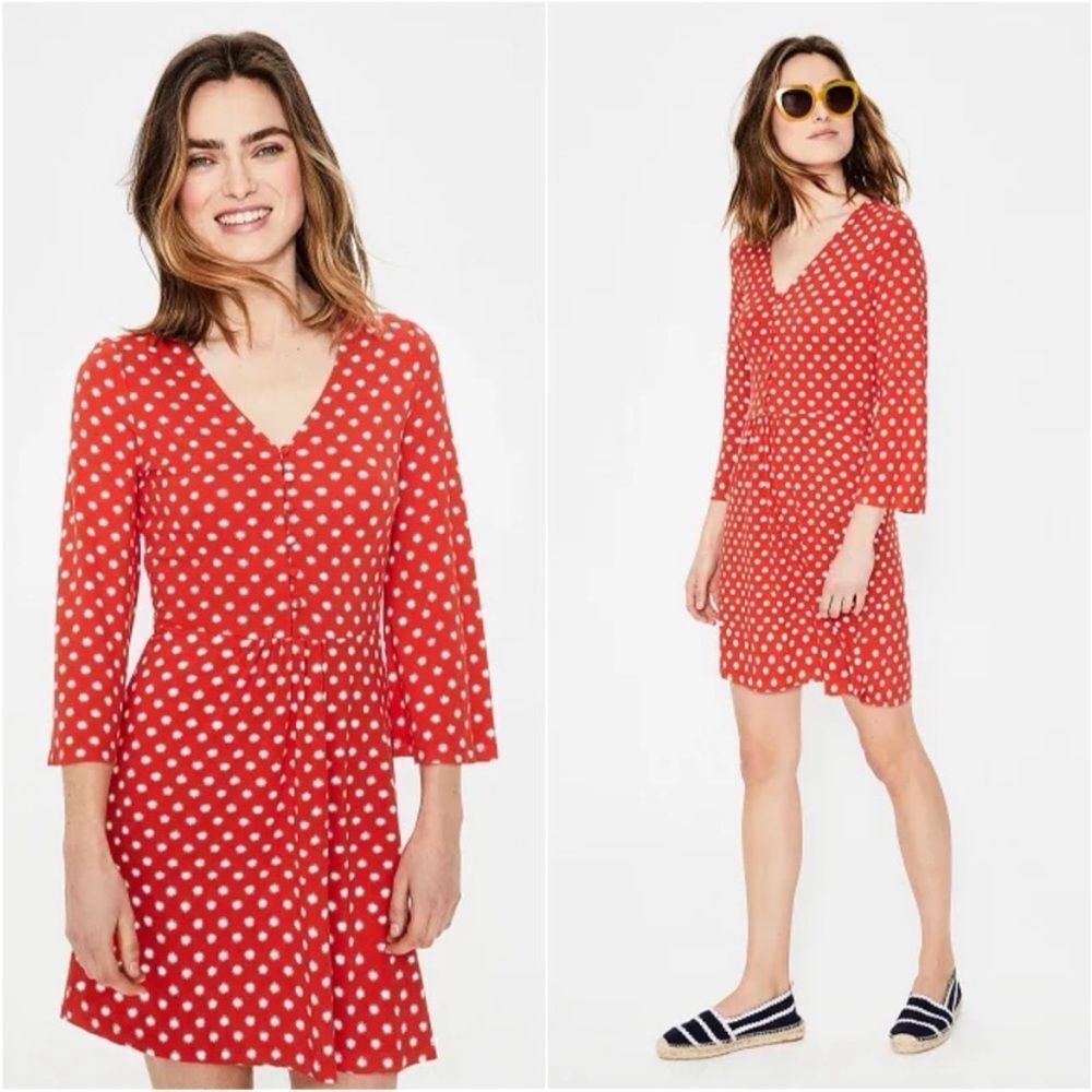 BODEN Scarlett Jersey Tunic Dress Red Pop Star 3/4 Sleeve US Size 12